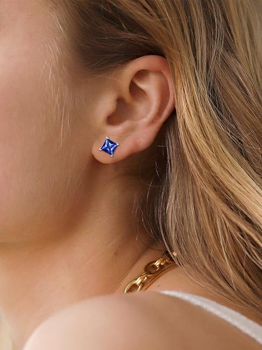 Pendientes Studs Zafiro Corte Princesa | Golden Blanco