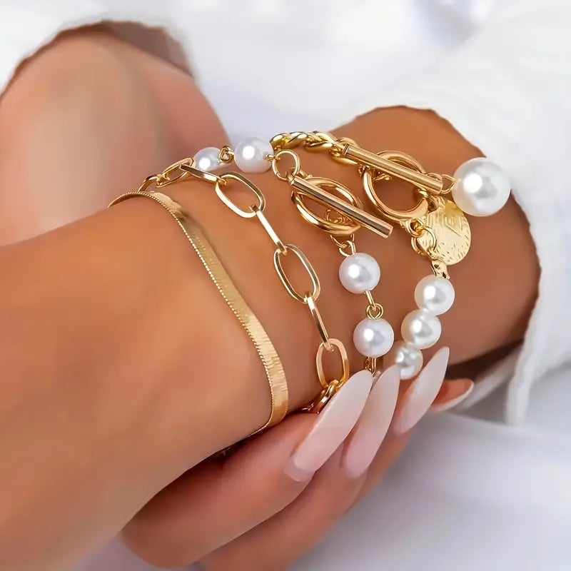 Set 4 Pulseras Chic - Serpiente, Perlas y Eslabones | Golden
