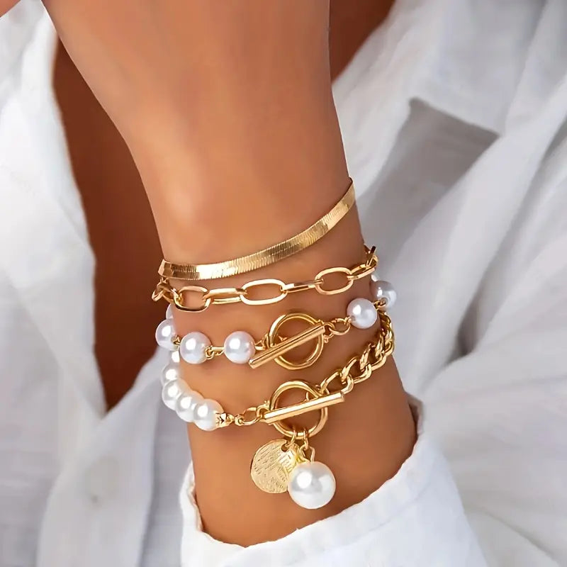 Set 4 Pulseras Chic - Serpiente, Perlas y Eslabones | Golden
