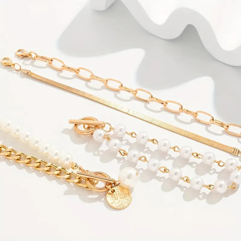 Set 4 Pulseras Chic - Serpiente, Perlas y Eslabones | Golden