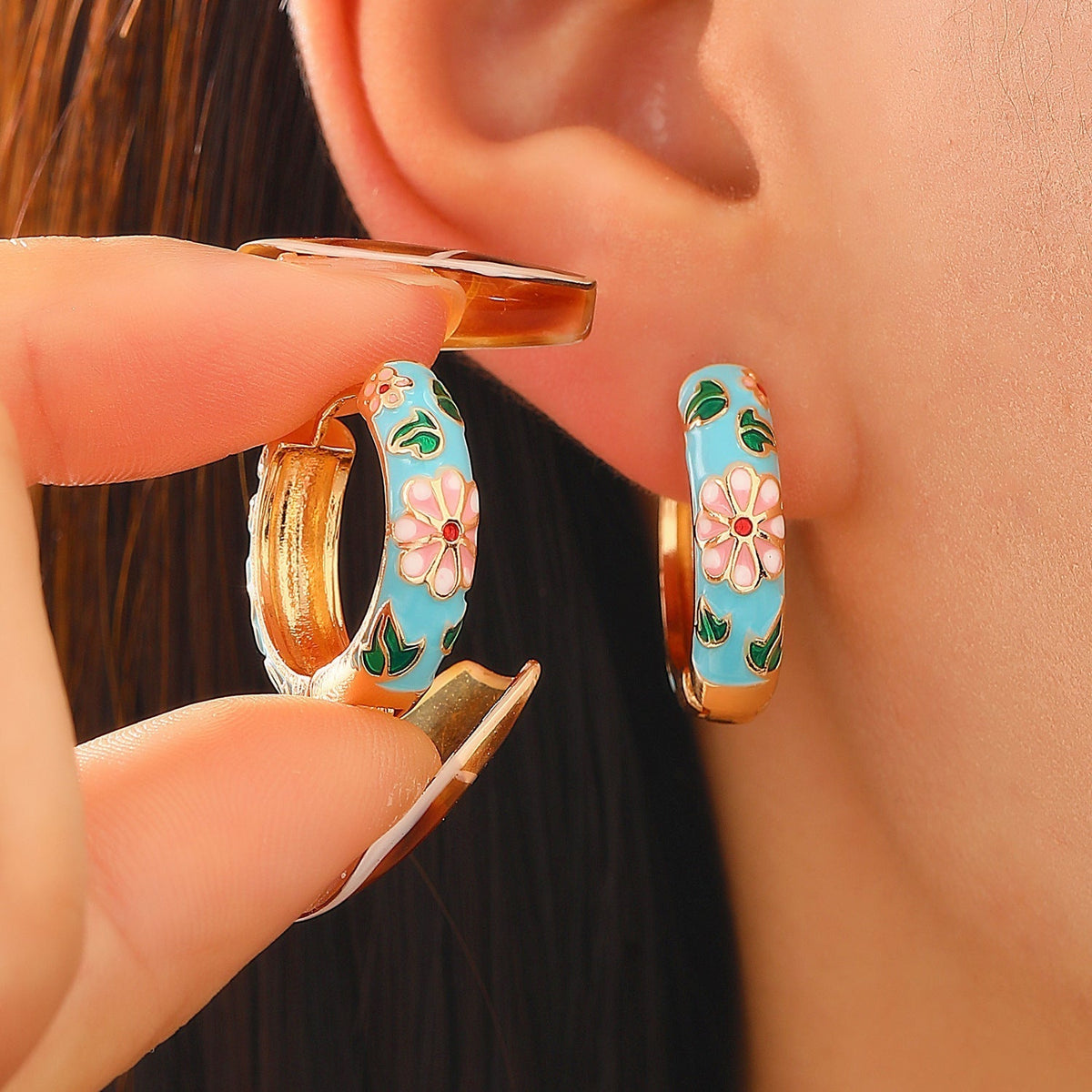 Colorful Floral Hoop Earrings | Golden