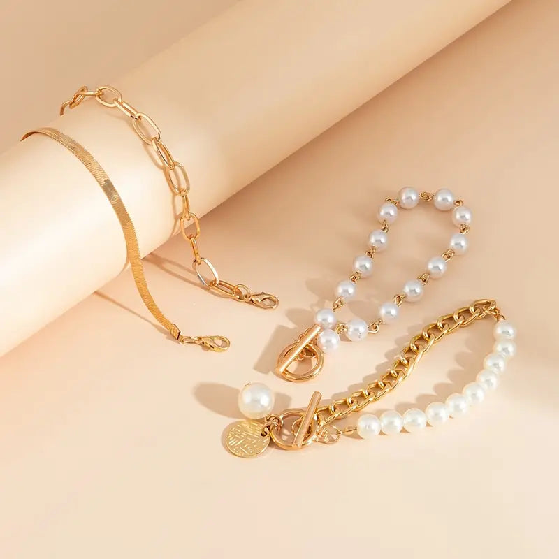 Set 4 Pulseras Chic - Serpiente, Perlas y Eslabones | Golden