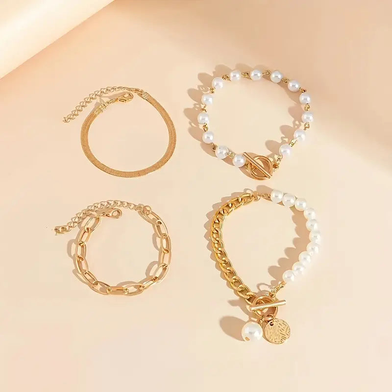 Set 4 Pulseras Chic - Serpiente, Perlas y Eslabones | Golden