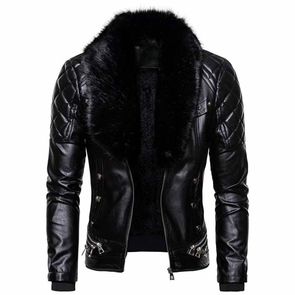 Punk Detachable Fur Collar Thickened PU Leather Jacket